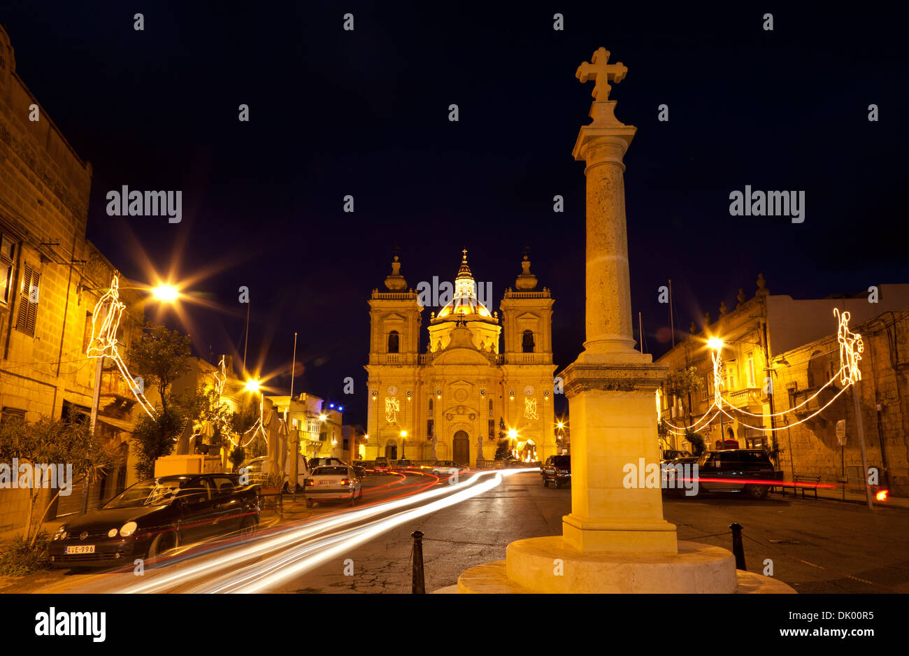The town square and parish church of Xaghra town in Gozo in Malta. Stock Photo