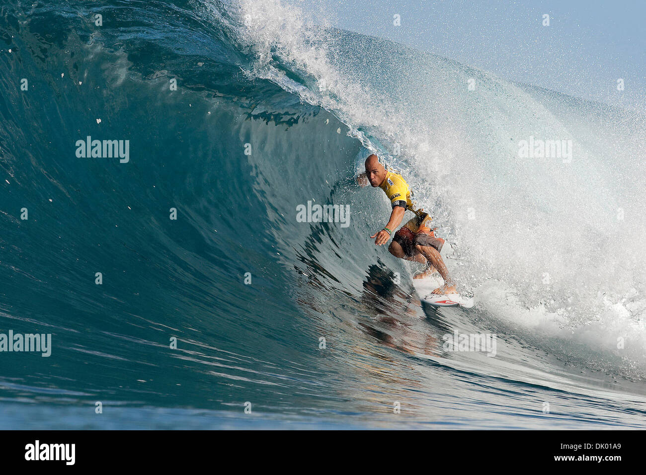 Dec 16, 2010 - Oahu, Hawaii, U.S. - Reigning 10X ASP World Champion KELLY SLATER (Coca Beach, USA) placed second in his Semi Final of the Billabong Pipe Master in Memory of Andy Irons at Backdoor, Hawaii. Slater placed second to eventual event winner Jeremy Flores (FRA) to exit the event in equal third place. Holding the lead with two minutes remaining Slater let a wave go by think Stock Photo
