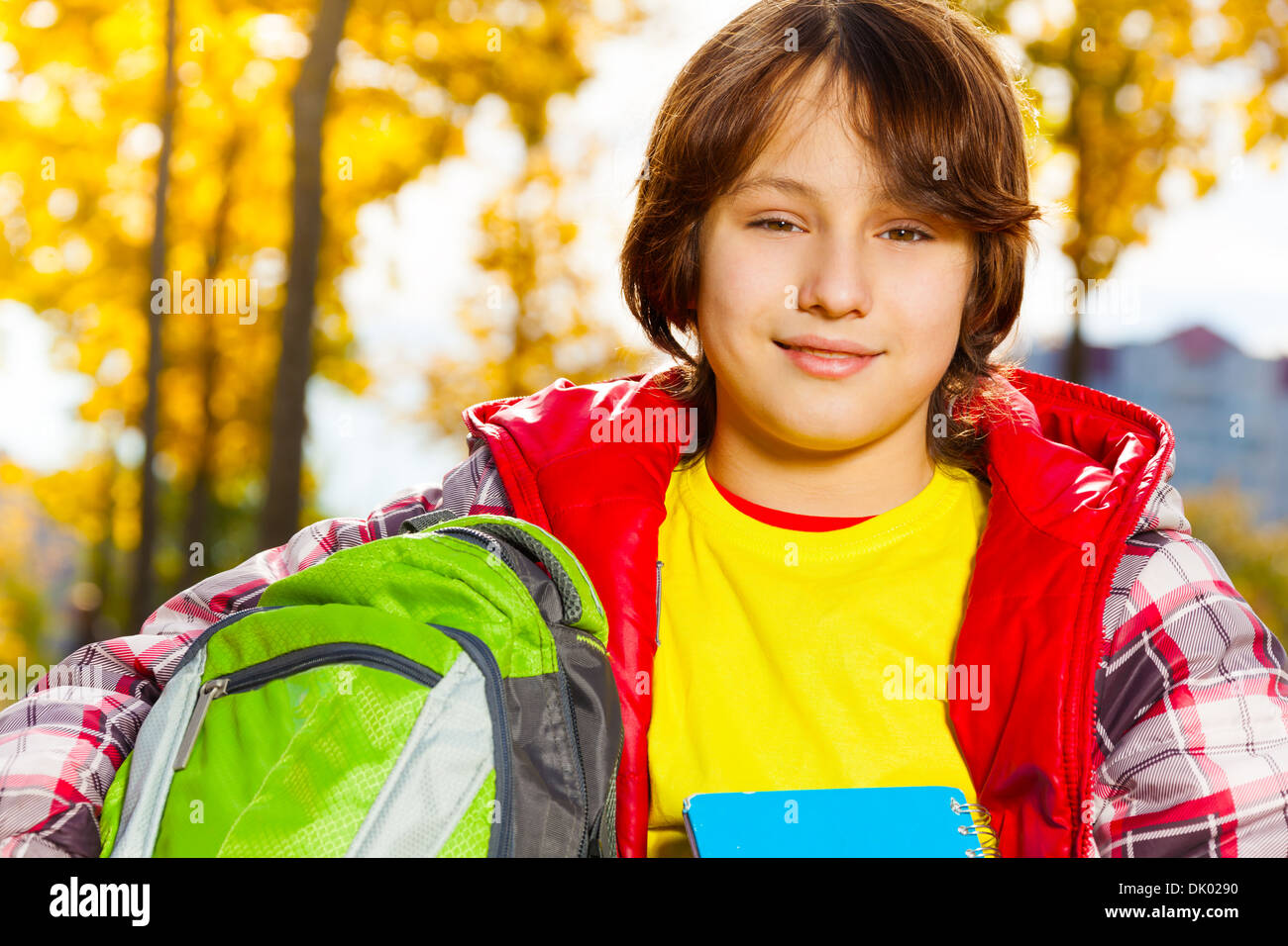 Close portrait of 12 years old boy after school Stock Photo
