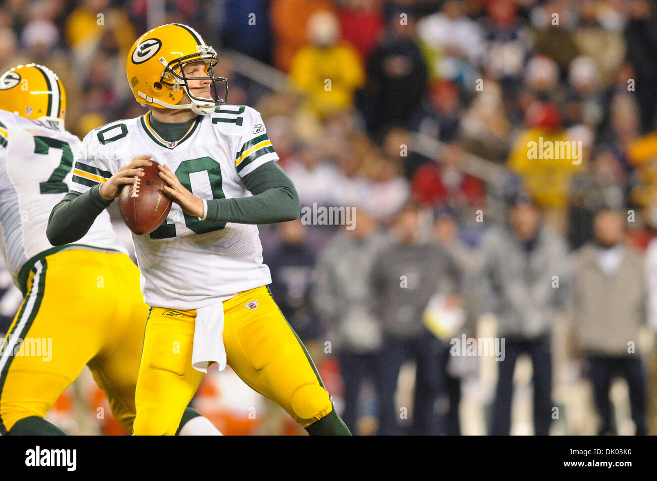 Dec. 19, 2010 - Foxborough, Massachusetts, United States of America -  Packers QB Matt Flynn (10) set to pass. The New England Patriots defeat the  Green Bay Packers 31 - 27 at