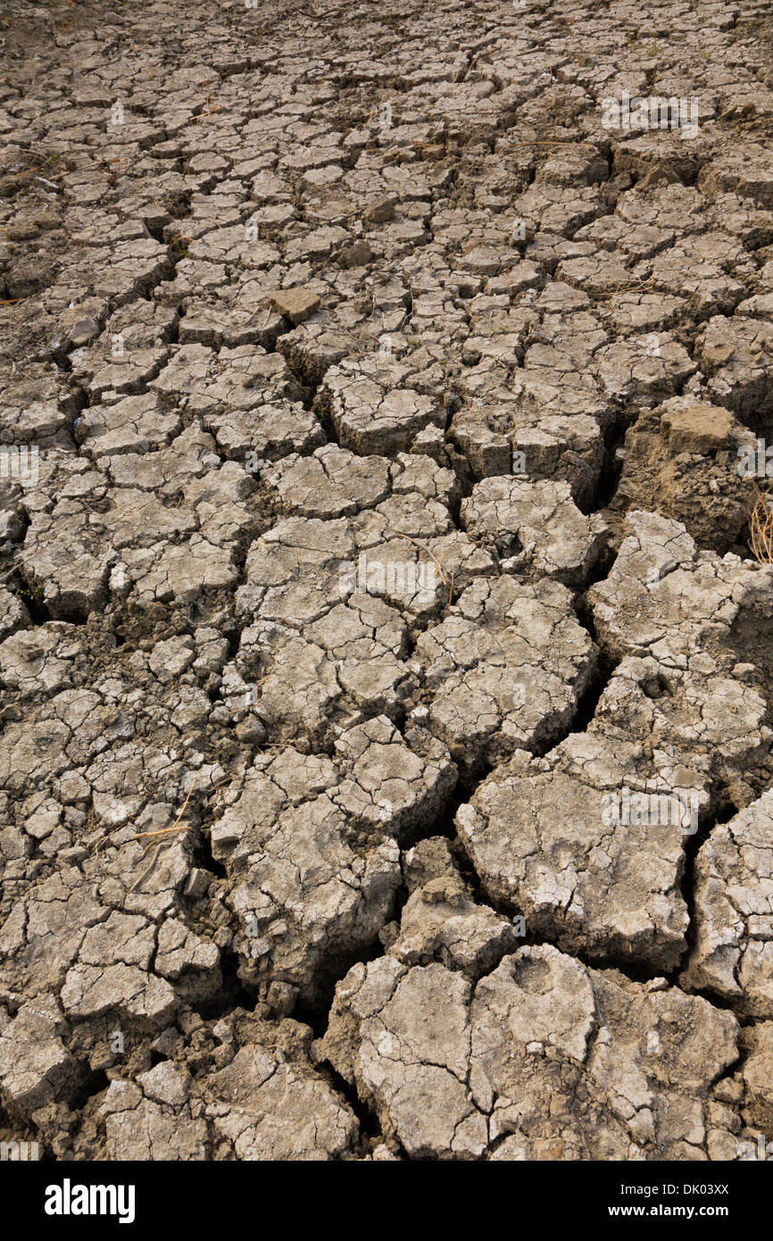 Dried up mud river bed, Gabion dam, Cyprus Stock Photo