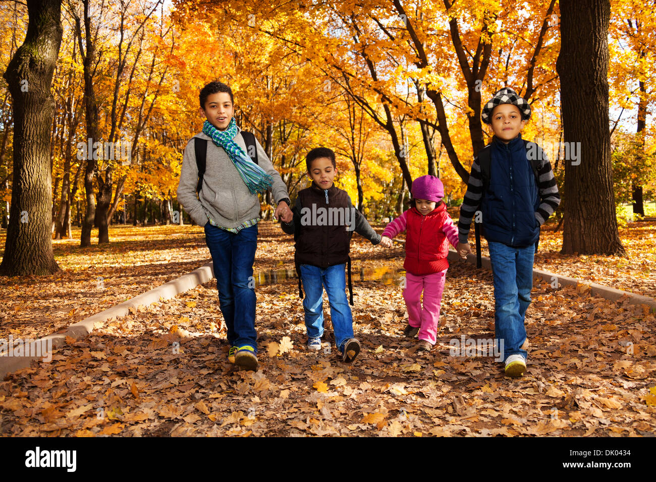 Group of four black boys and girl, happy brothers and sister 3-10 years old going together holding hands in the park wearing backpacks and autumn clothes in oak park with orange leaves Stock Photo