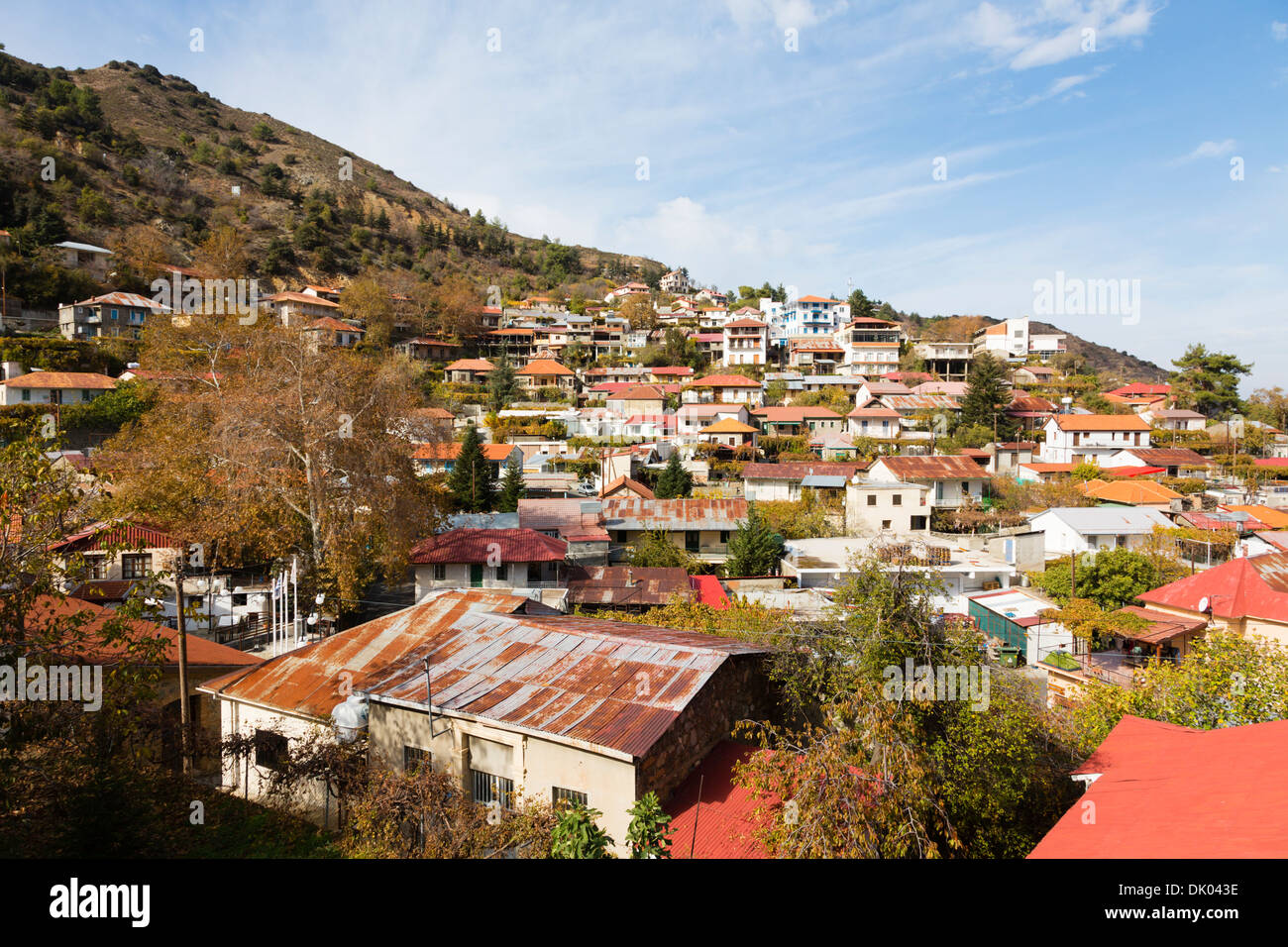 Pedoulias village clinging to the side of the Troodos mountains, Cyprus. Stock Photo