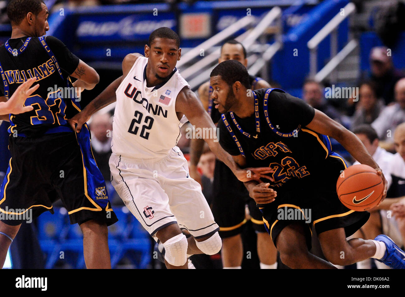 Dec. 20, 2010 - Hartford, Connecticut, United States of America - Connecticut F Roscoe Smith (22) guards Coppin State PF Akeem Ellis (23) while being picked by PF Antonio Williams (32). At the half #4 Connecticut leads Coppin State 39 - 19 at the XL Center. (Credit Image: © Geoff Bolte/Southcreek Global/ZUMAPRESS.com) Stock Photo