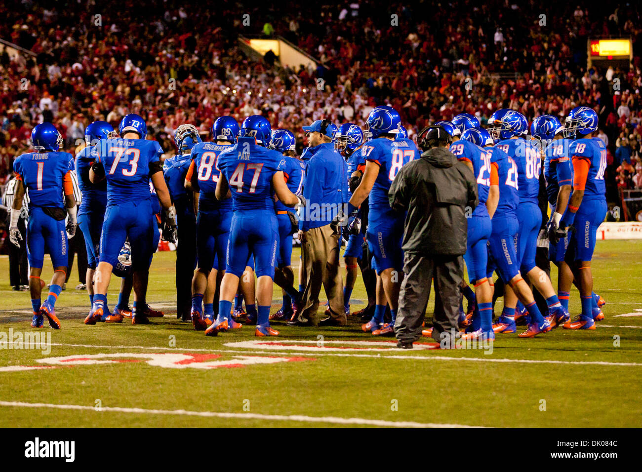 Dec. 22, 2010 - Las Vegas, Nevada, U.S - Boise State gathers their thoughts during a time out during first half action of the 2010 MAACO Bowl Las Vegas at Sam Boyd Stadium in Las Vegas, Nevada.  The Boise State Broncos lead the Utah Utes 16 to 3 after the first half of play. (Credit Image: © Matt Gdowski/Southcreek Global/ZUMAPRESS.com) Stock Photo