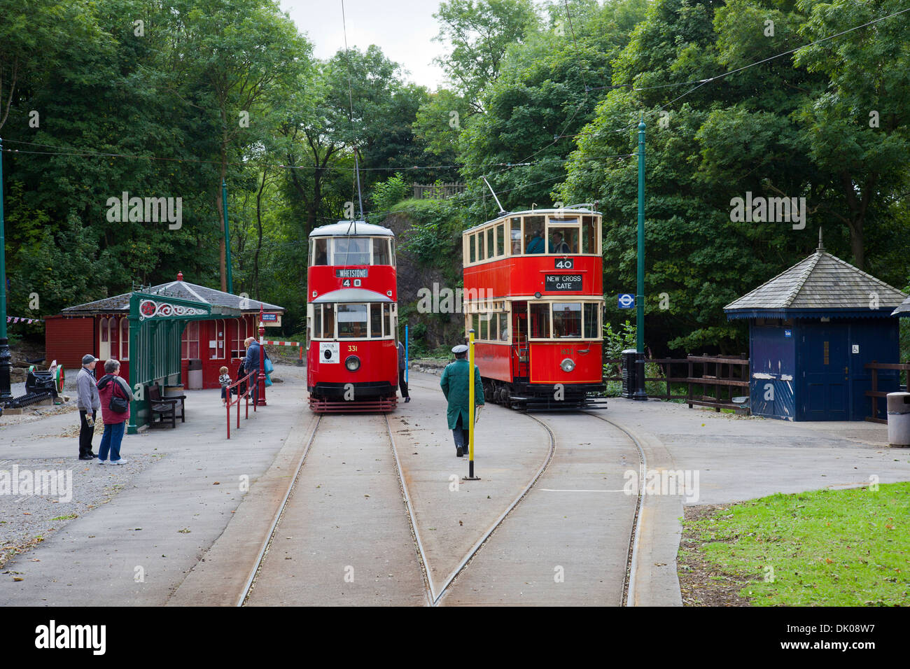 Metropolitan Electric Tramways No:331 (1930) & London No:1622 (1912) trams at the National Tramway Museum, Crich, Derbyshire, UK Stock Photo