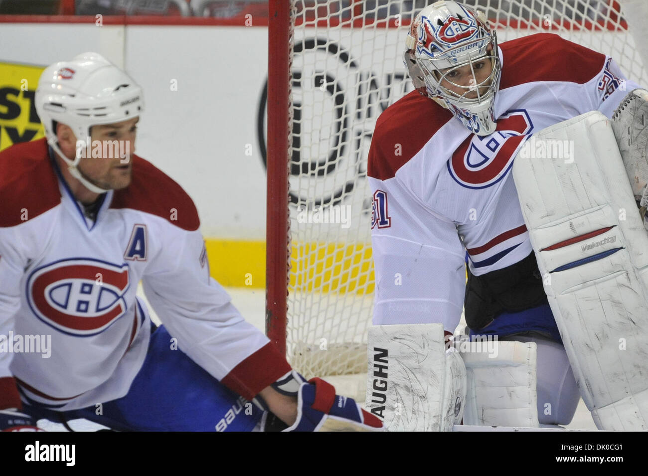 Dec. 28, 2010 - Washington Dc, District of Columbia, United States of America - Montreal Canadiens goalie Carey Price (31) and teammate defenseman Hal Gill (75) defending the goal,NHL game action.  Capitals win at home 3 - 0 (Credit Image: © Roland Pintilie/Southcreek Global/ZUMAPRESS.com) Stock Photo