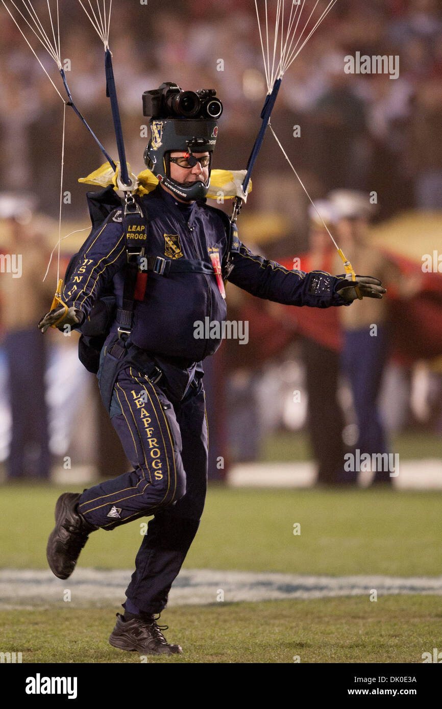 Dec. 30, 2010 - San Diego, California, U.S - Navy Seal Leap Frogs parachute into the stadium before the start of the 2010 Bridgepoint Education Holiday Bowl game of Nebraska vs. Washington at Qualcomm. Washington went on to defeat Nebraska with a final score of 19-7. (Credit Image: © Brandon Parry/Southcreek Global/ZUMAPRESS.com) Stock Photo