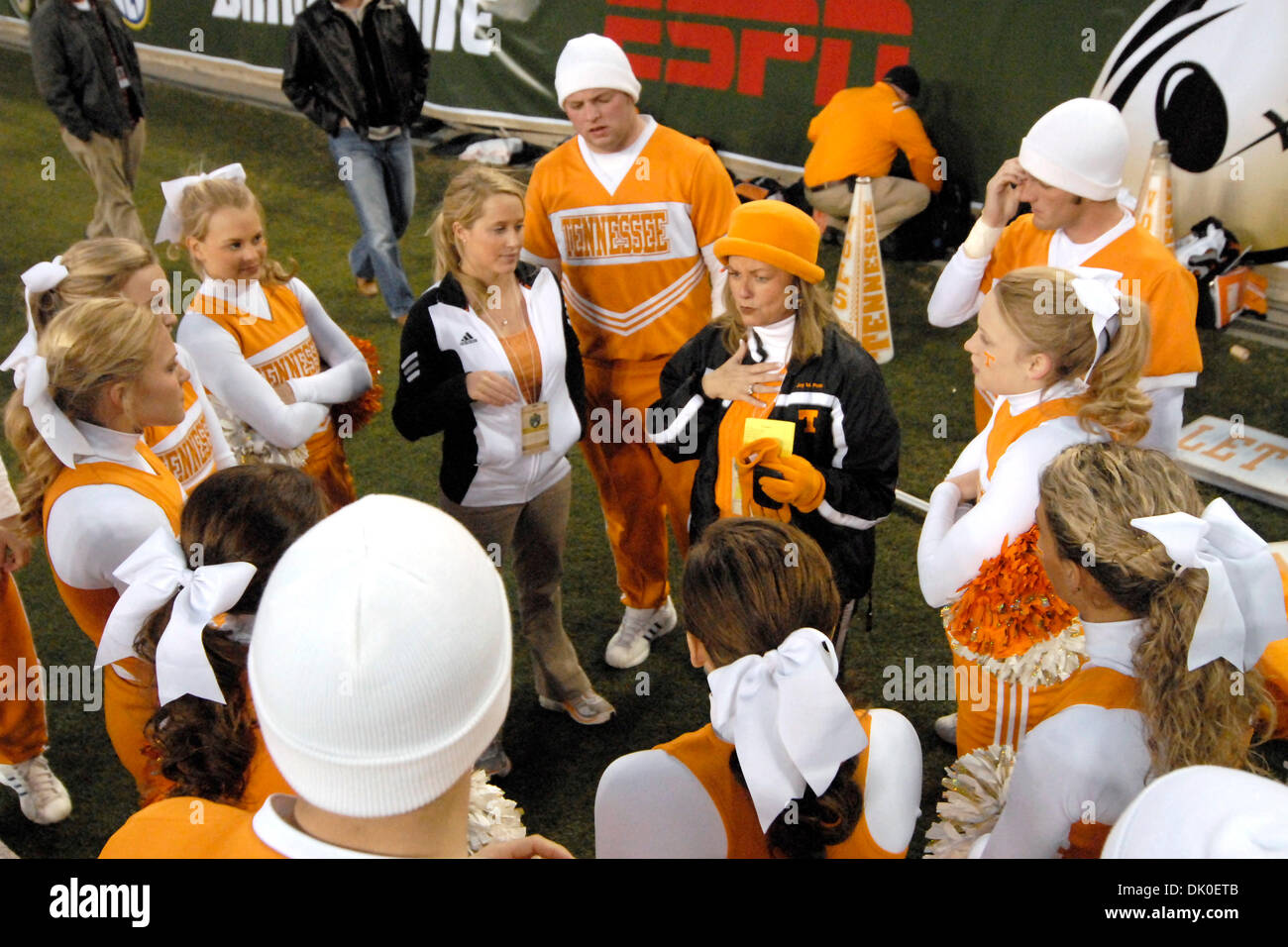 Dec. 30, 2010 - Nashville, Tennessee, United States of America - The Tennessee cheerleaders get ready for the game at the Franklin American Mortgage Music City Bowl at LP Field in Nashville, Tennessee. The Tar Heels defeated the Volunteers 30 to 27 in overtime. (Credit Image: © Bryan Hulse/Southcreek Global/ZUMAPRESS.com) Stock Photo