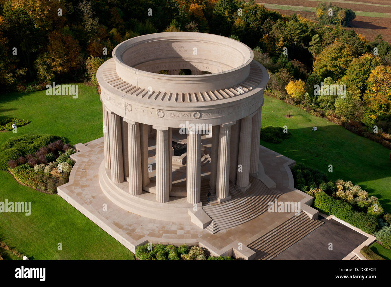 AERIAL VIEW. World War I memorial to fallen U.S. soldiers. Montsec American Monument, Montsec, Meuse, Lorraine, Grand Est, France. Stock Photo