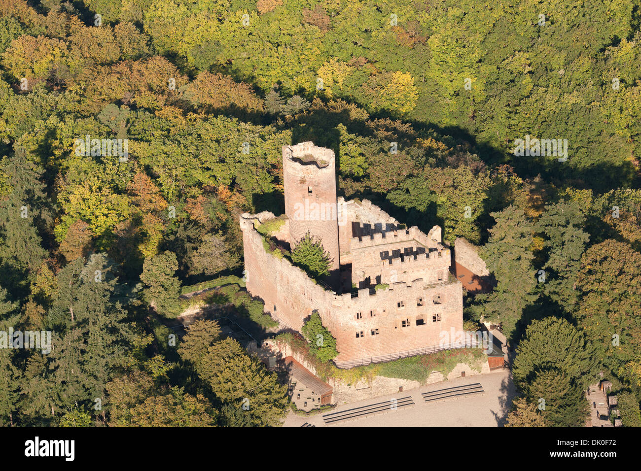 AERIAL VIEW. Castle in the eastern Vosges Mountains. Kintzheim Castle, Bas-Rhin, Alsace, Grand Est, France. Stock Photo