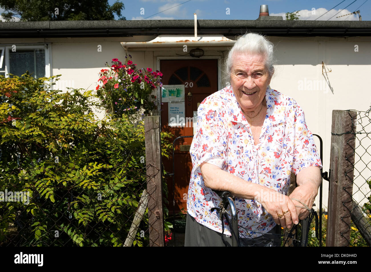 Pamela Clifton in front of her prefab at the Excalibur estate in Catford, London. She has been fighting to save it for years. Stock Photo