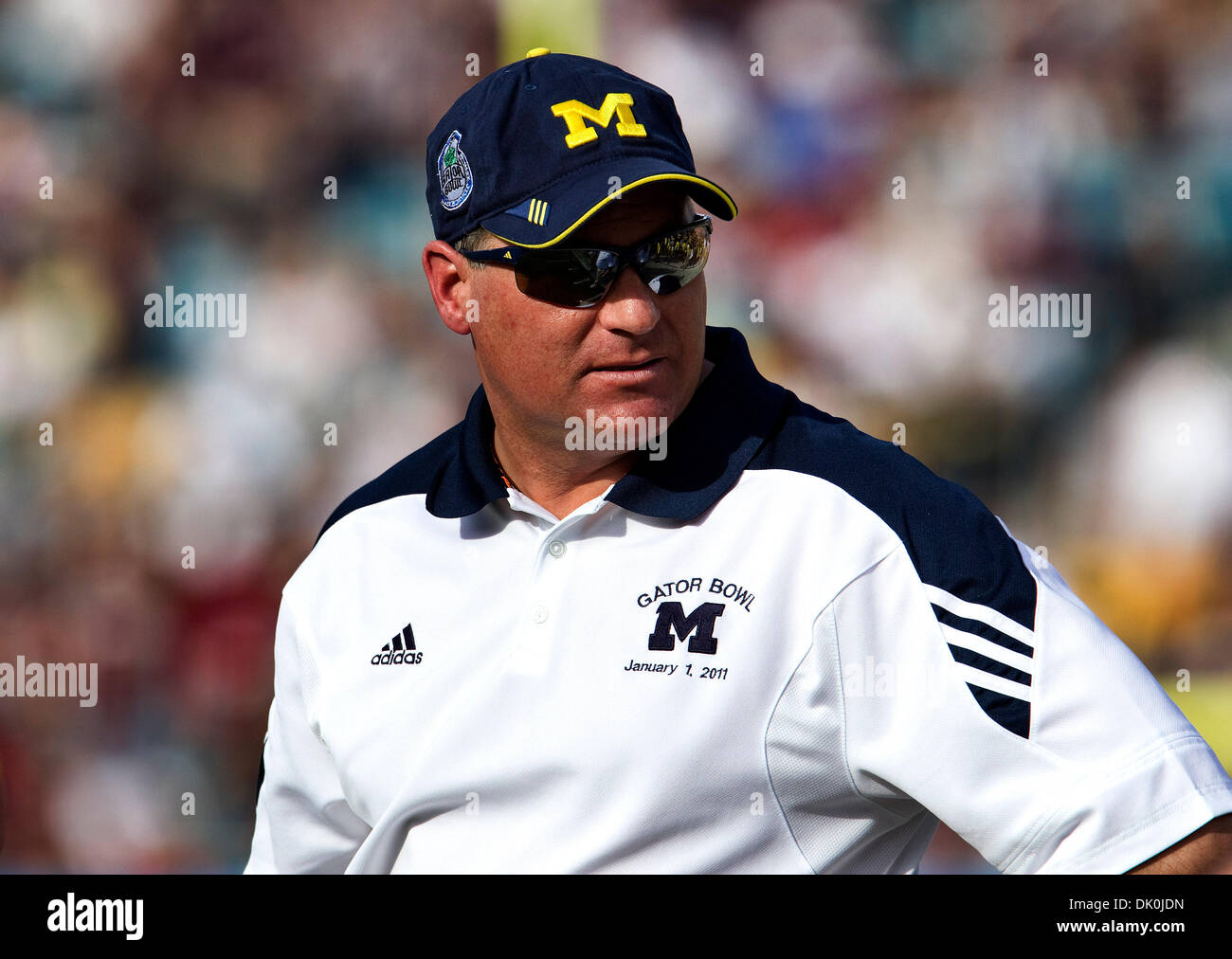 Jan. 1, 2011 - Jacksonville, Florida, United States of America - Michigan Head Coach Rich Rodriguez unhappy after a Mississippi State score  during the Progressive Gator Bowl. (Credit Image: © Tony Brown/Southcreek Global/ZUMAPRESS.com) Stock Photo