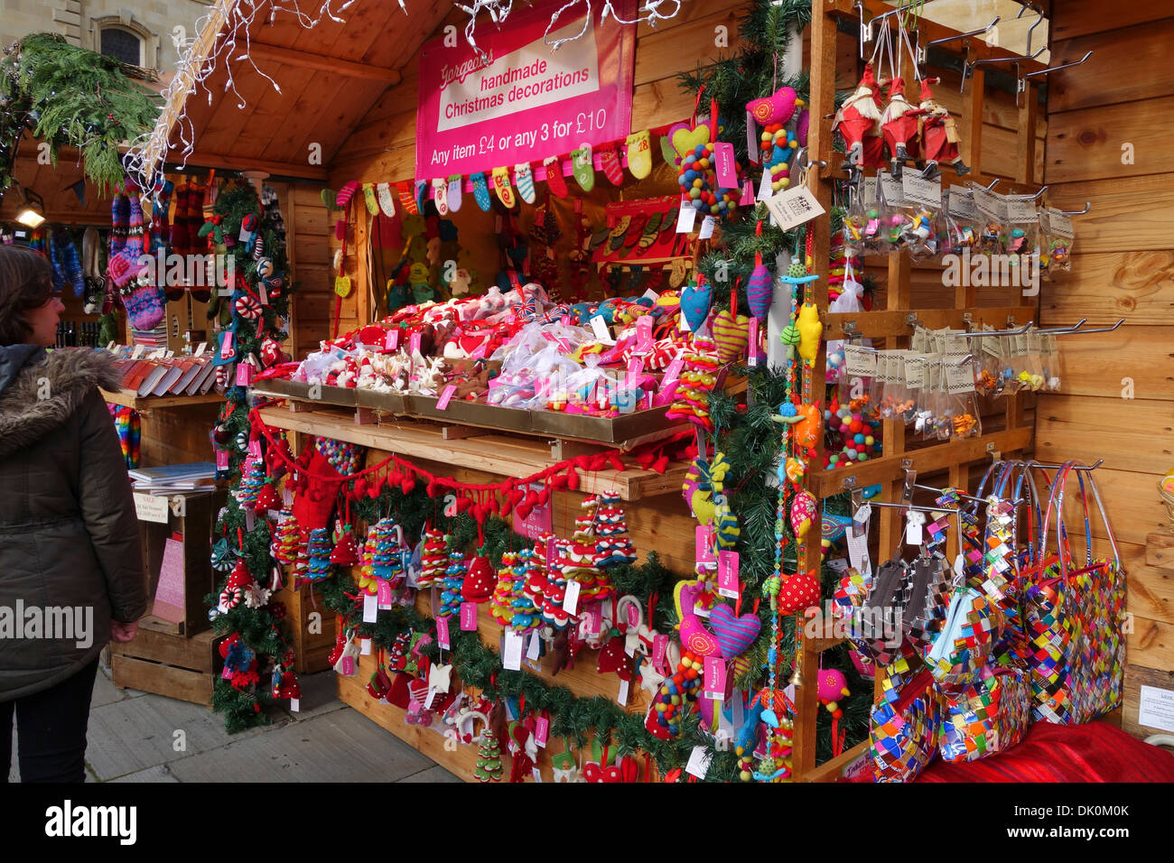Close up of a Bath Christmas Market stall selling handmade Christmas decorations, Bath, England, UK Stock Photo