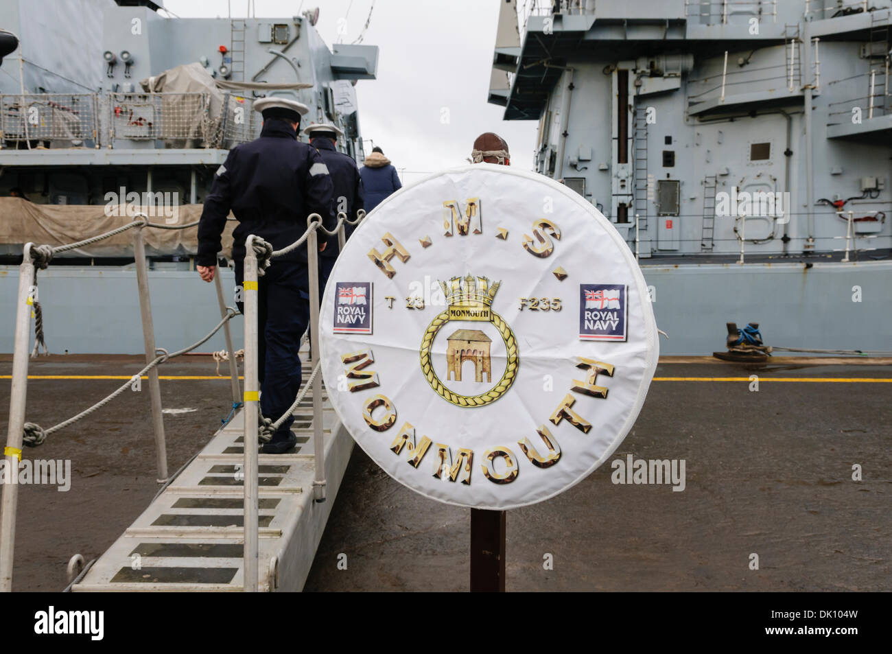 Belfast, Northern Ireland. 30th Nov 2013 - Insignia for HMS Monmouth, a Royal Navy type 23 Frigate at the bottom of a gangway Credit:  Stephen Barnes/Alamy Live News Stock Photo
