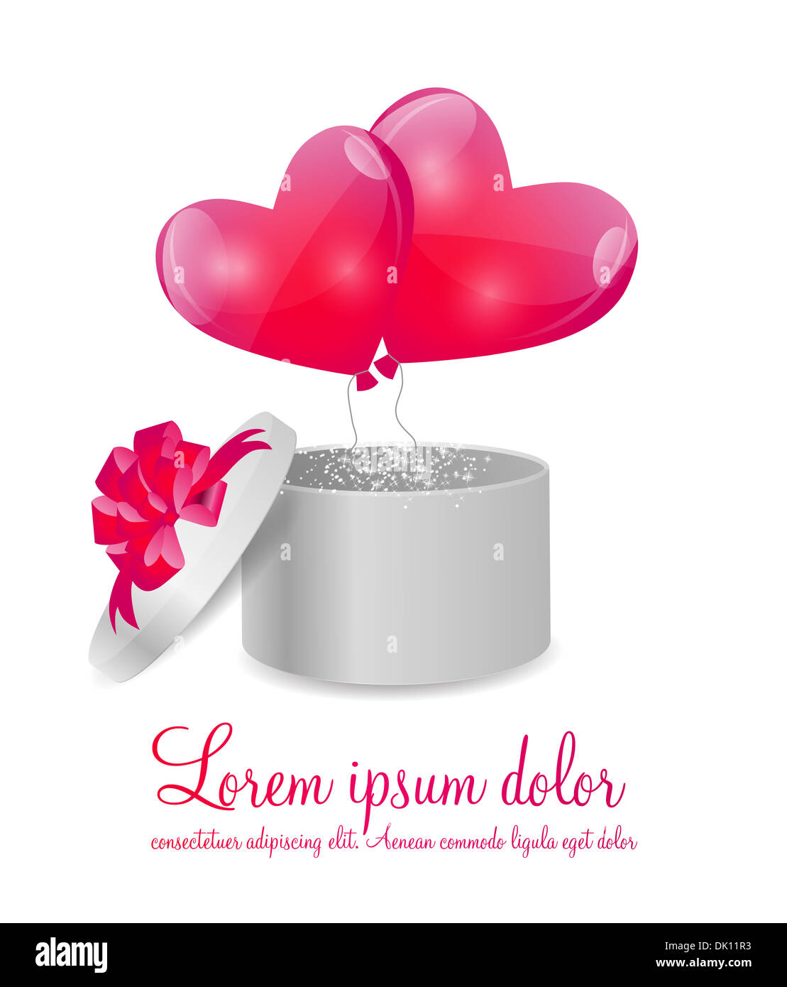 Valentines Day Card with Gift Box and Heart Shaped Balloons, Vector ...