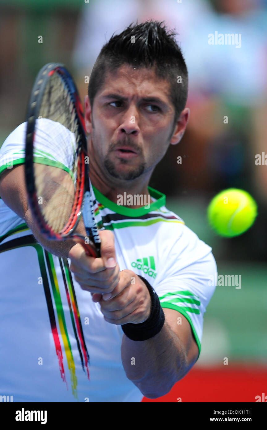 Jan. 12, 2011 - Melbourne, Victoria, Australia - Fernando Verdasco (ESP) hits a backhand in a match against Gael Monfils (FRA) on day one of the 2011 AAMI Classic at Kooyong Tennis Club in Melbourne, Australia. (Credit Image: © Sydney Low/Southcreek Global/ZUMAPRESS.com) Stock Photo