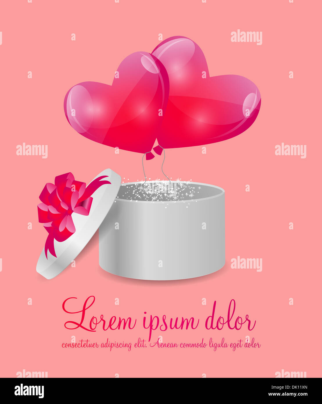 Valentines Day Card with Gift Box and Heart Shaped Balloons, Vector ...
