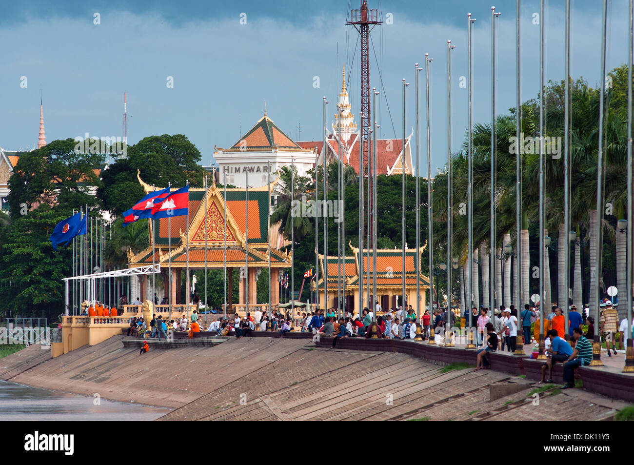 riverfront scene with Royal Palace river shrine, Phnom Penh, Cambodia Stock Photo