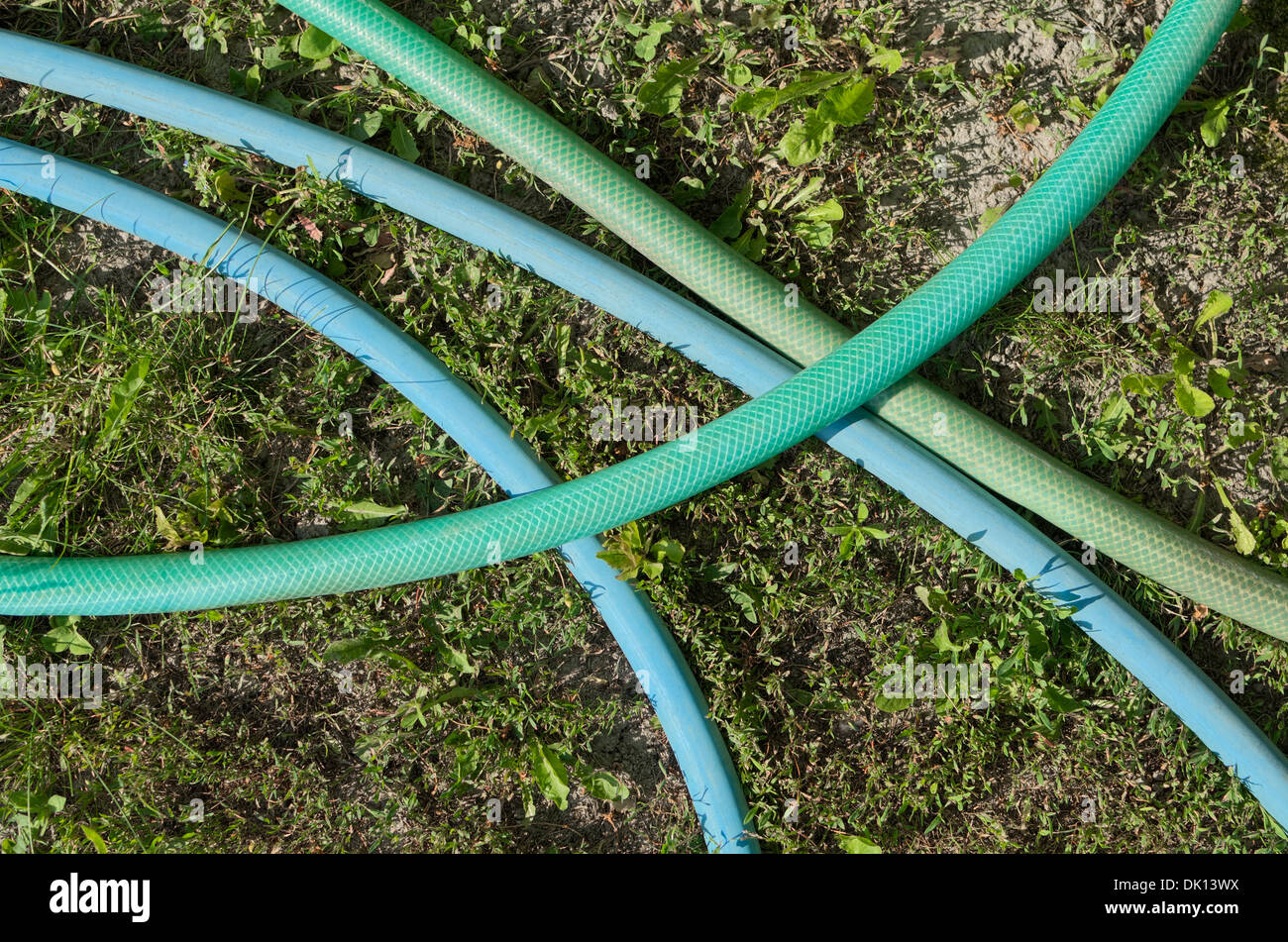 Blue and Green Garden Hoses Crossing Close-up Stock Photo