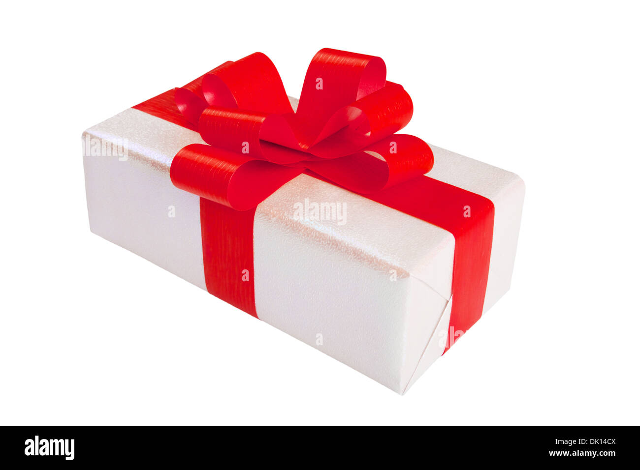 White Silver Gift Box with Red Ribbon Bow on White Background isolated ...
