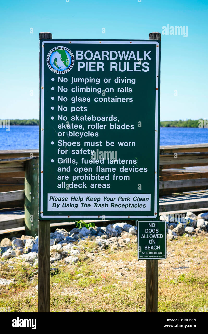 Port Charlotte Beach Park Florida Boardwalk Pier rules notice Stock