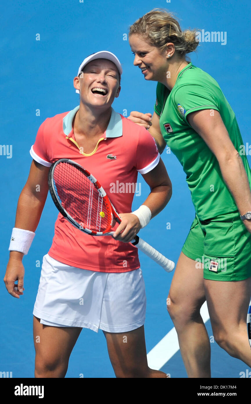 Jan. 16, 2011 - Melbourne, Victoria, Australia - Samantha Stosur and Kim Clijsters enjoying the tennis at the Rally For Relief charity exhibition match by top players of the 2011 Australian Open at Melbourne Park. (Credit Image: © Sydney Low/Southcreek Global/ZUMAPRESS.com) Stock Photo