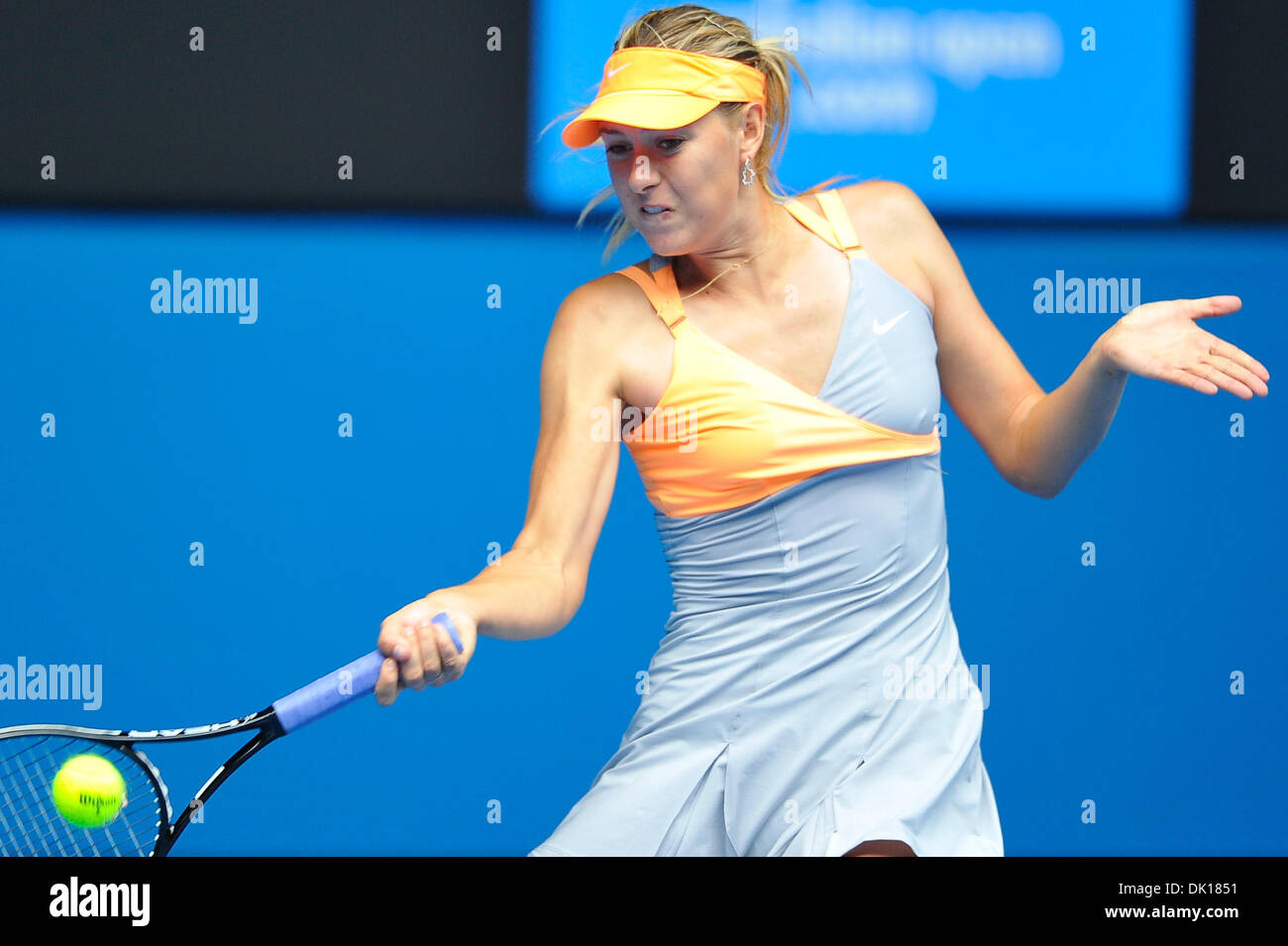 Jan. 17, 2011 - Melbourne, Victoria, Australia - Maria Sharapova (RUS) in action during her first round match against Tamarine Tanasugarn (THA) on day one of the 2011 Australian Open at Melbourne Park, Australia. (Credit Image: © Sydney Low/Southcreek Global/ZUMAPRESS.com) Stock Photo