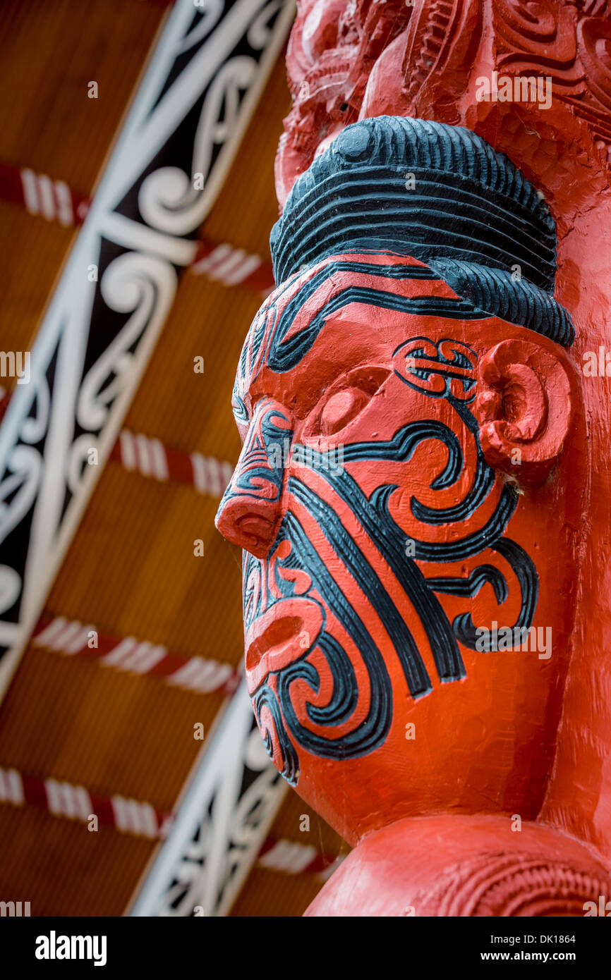 Maori carving, Maori village, Whakararewa, Rotorua, North Island, New Zealand Stock Photo