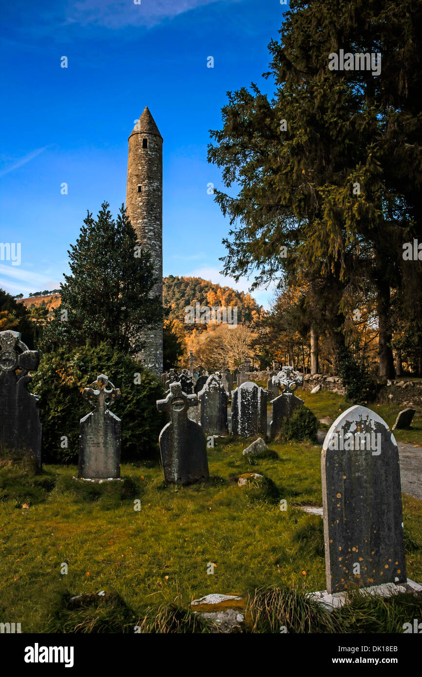 Glendalough cathedral graveyard in county hires stock photography and