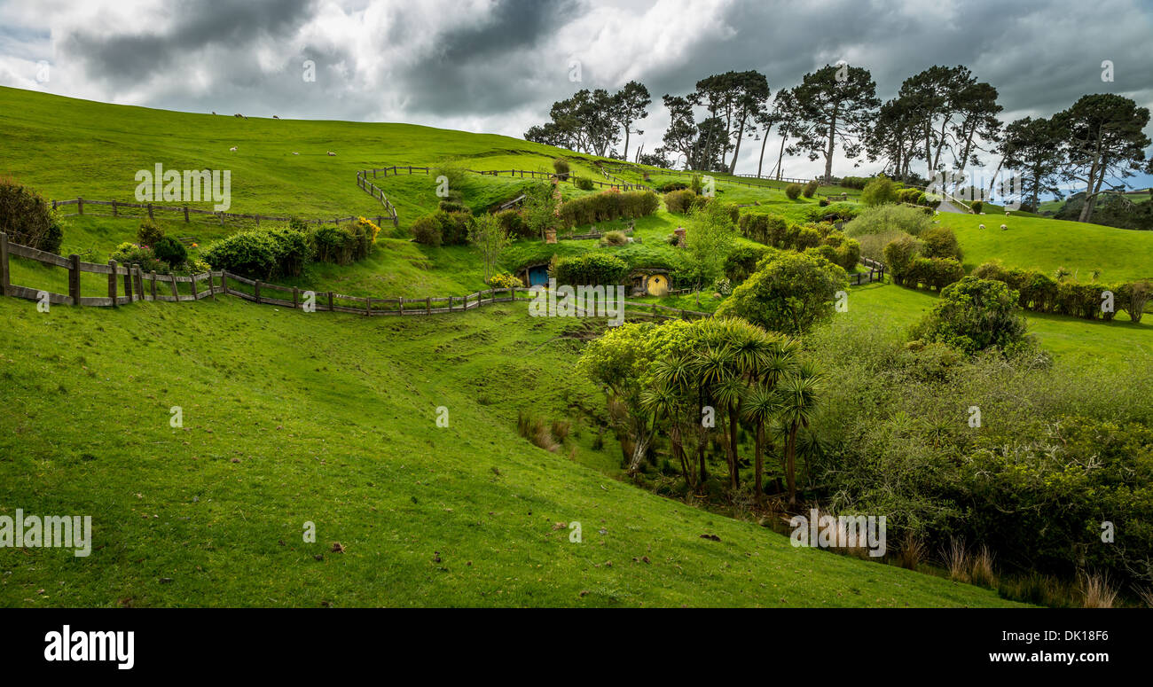 Landscape in Hobbiton in the Shire, location of the Lord of the Rings and The Hobbit film trilogy, near Matamata, New Zealand Stock Photo