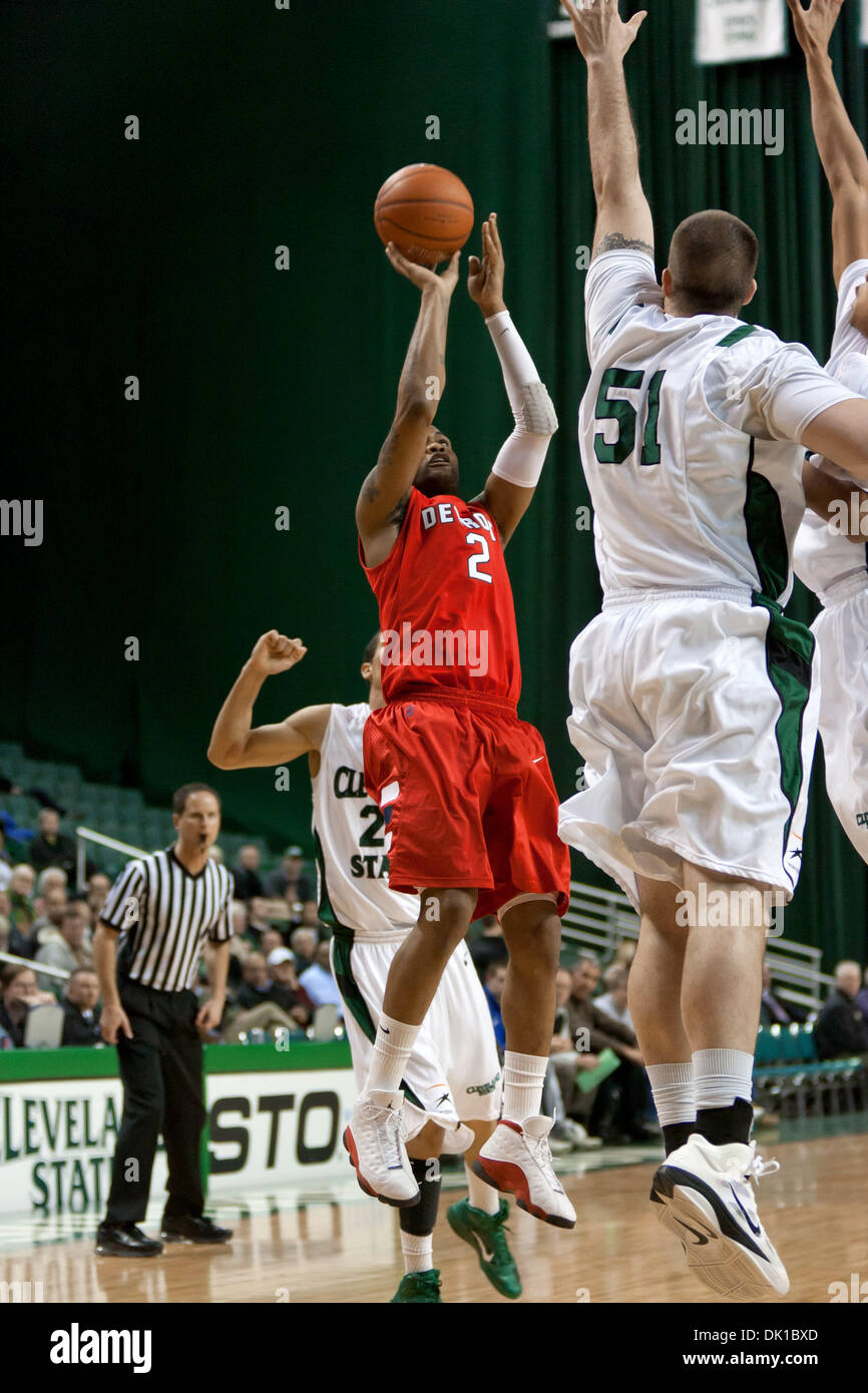 Jan. 20, 2011 - Cleveland, Ohio, U.S - Detroit guard Chris Blake (2) puts up a shot against Cleveland State center Joe Latas (51) during the first half.  The Cleveland State Vikings defeated the Detroit Titans 81-69  at the Wolstein Center in Cleveland, Ohio. (Credit Image: © Frank Jansky/Southcreek Global/ZUMAPRESS.com) Stock Photo