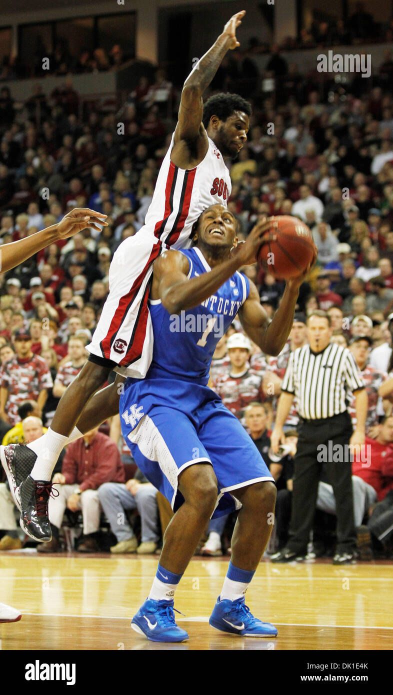 Jan. 22, 2011 - Columbia, South Carolina, US - Kentucky's Darius Miller was fouled by Ramon Galloway under the basket during the first half of the Kentucky at South Carolina men's basketball game in Colonial Life Arena in Columbia, South Carolina,  on Saturday Jan. 22, 2011.  Photo by Pablo Alcalâ€¡ | Staff (Credit Image: © Lexington Herald-Leader/ZUMAPRESS.com) Stock Photo