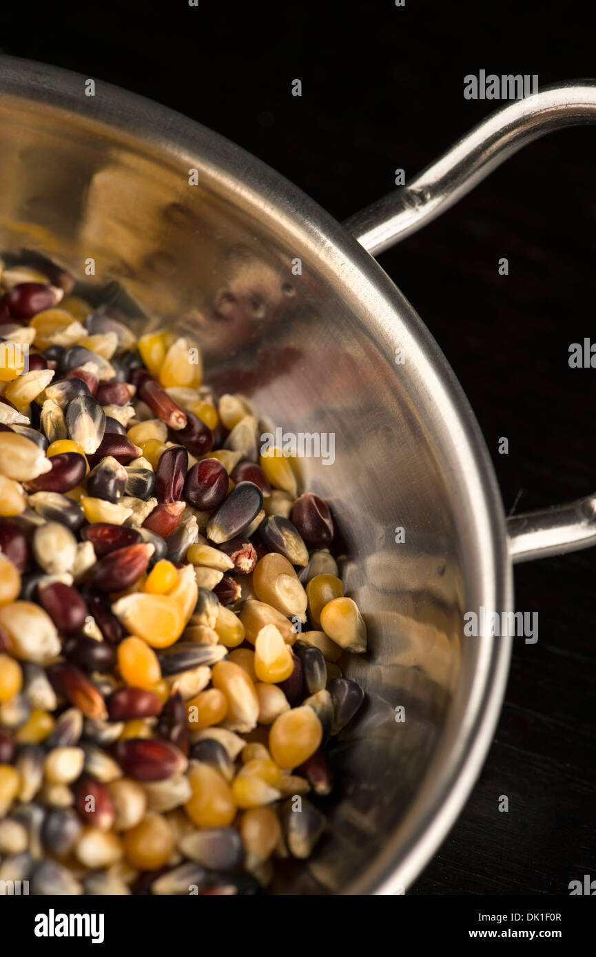 Color photograph of colored corn kernels in a bowl. Stock Photo