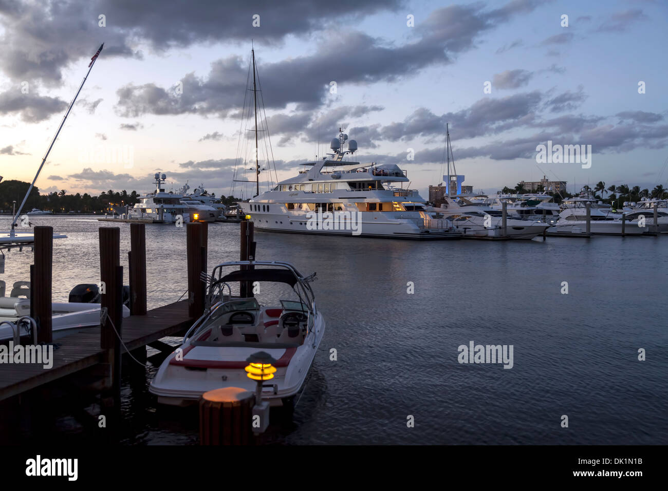 Yachts and power boats docked in the Bahia Mar Marina along Fort