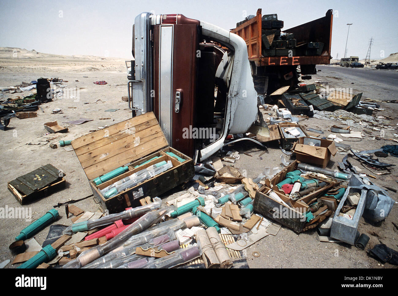 Rocket-propelled grenades and other ordnance litter Kuwait Highway 8, the route fleeing Iraqi forces took as they retreated from Kuwait during Operation Desert Storm April 18, 1991 in Kuwait. The road is known as the 'highway of death' because of the number of vehicles destroyed by allied forces. Stock Photo