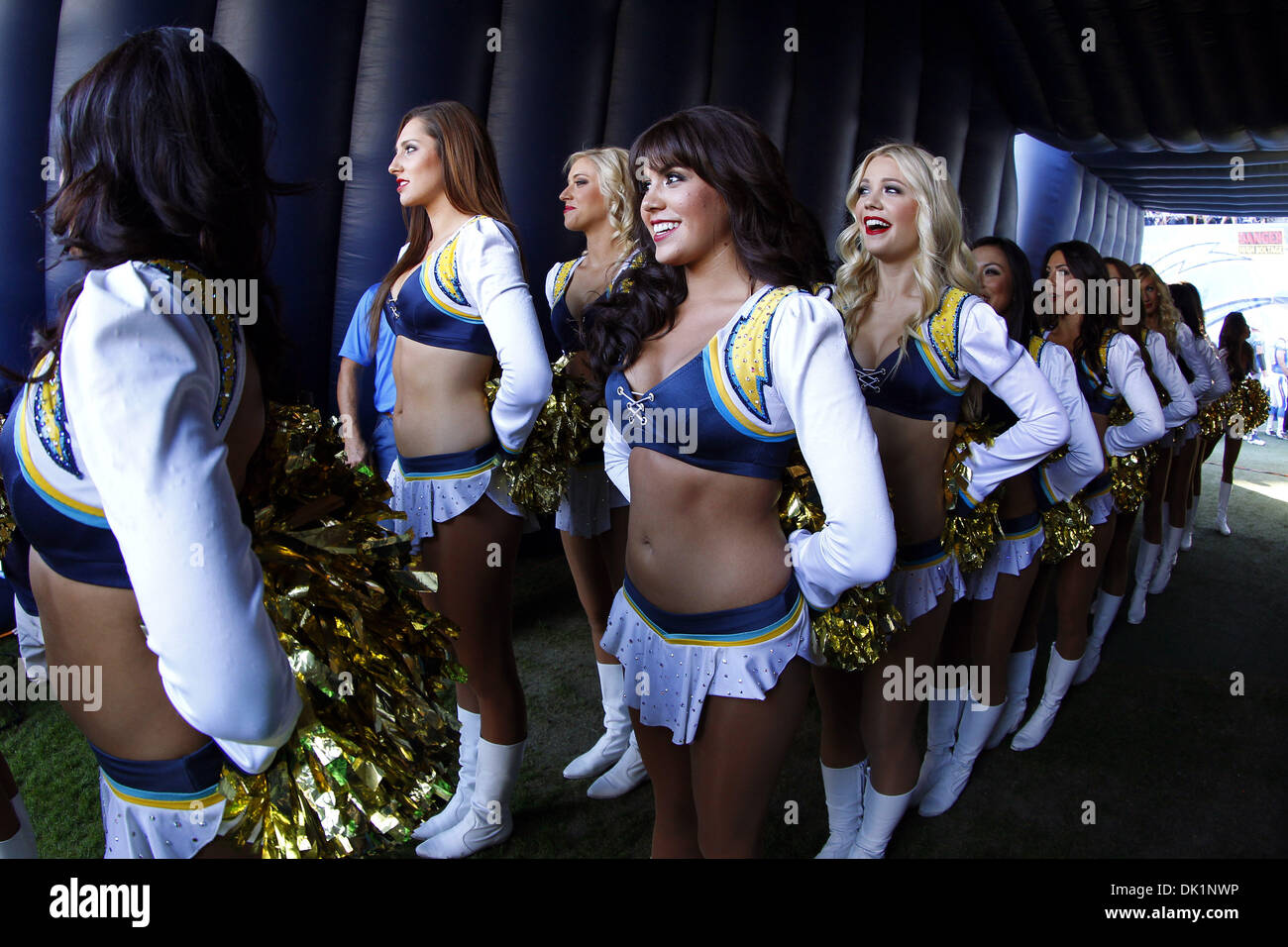 San Diego, CA, USA. 1st Dec, 2013. Dec. 1, 2011 - San Diego, California, USA - San Diego Chargers cheerleaders get ready to take the field before a NFL game against the Cincinnati Bengals at Qualcomm Stadium. Credit:  KC Alfred/ZUMAPRESS.com/Alamy Live News Stock Photo