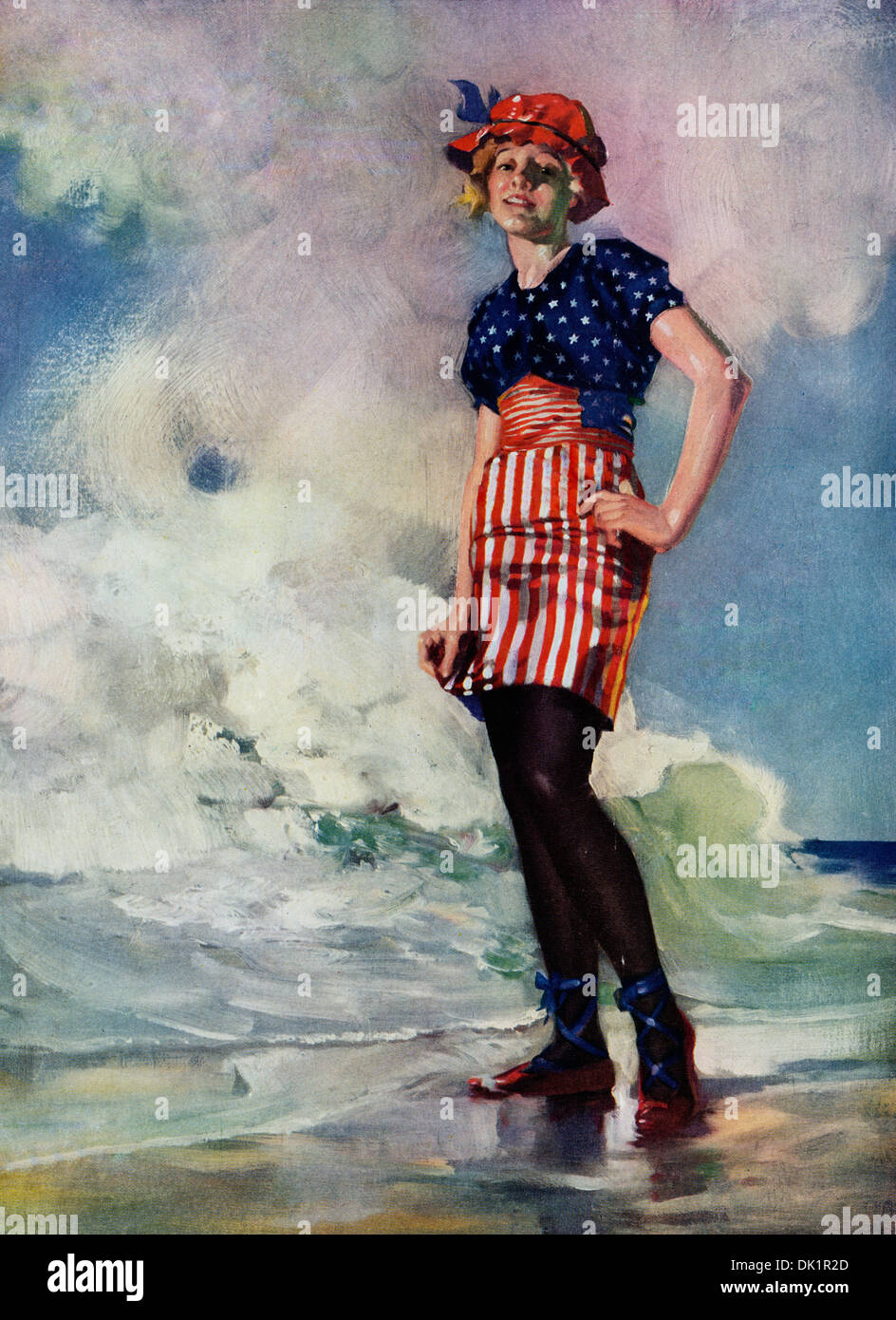 Illustration shows a beautiful young woman standing on the shore at a beach, wearing an American flag motif swimsuit. 1914 Stock Photo