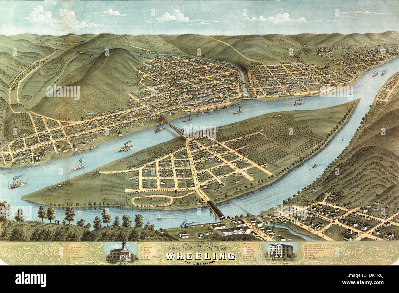 MAP Bird's eye view of the city of Wheeling, West Virginia 1870 Stock Photo Alamy