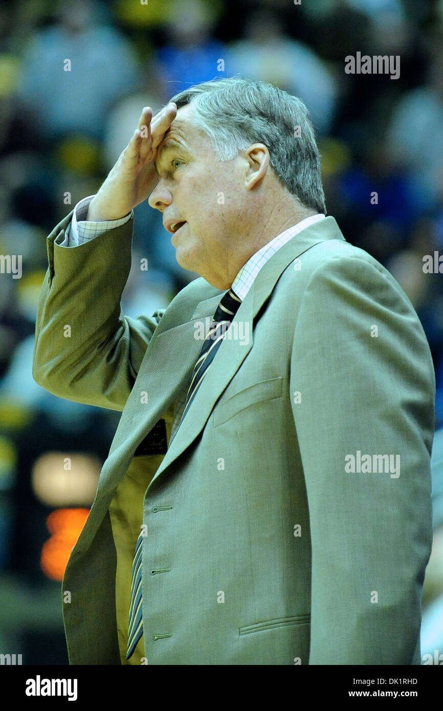 Jan. 27, 2011 - Berkeley, California, United States of America - Cal head coach Mike Montgomery expresses frustration with a call during the NCAA basketball game between the Oregon State Beavers and the California Golden Bears at Haas Pavilion. Cal won in a rout, 85-57. (Credit Image: © Matt Cohen/Southcreek Global/ZUMAPRESS.com) Stock Photo