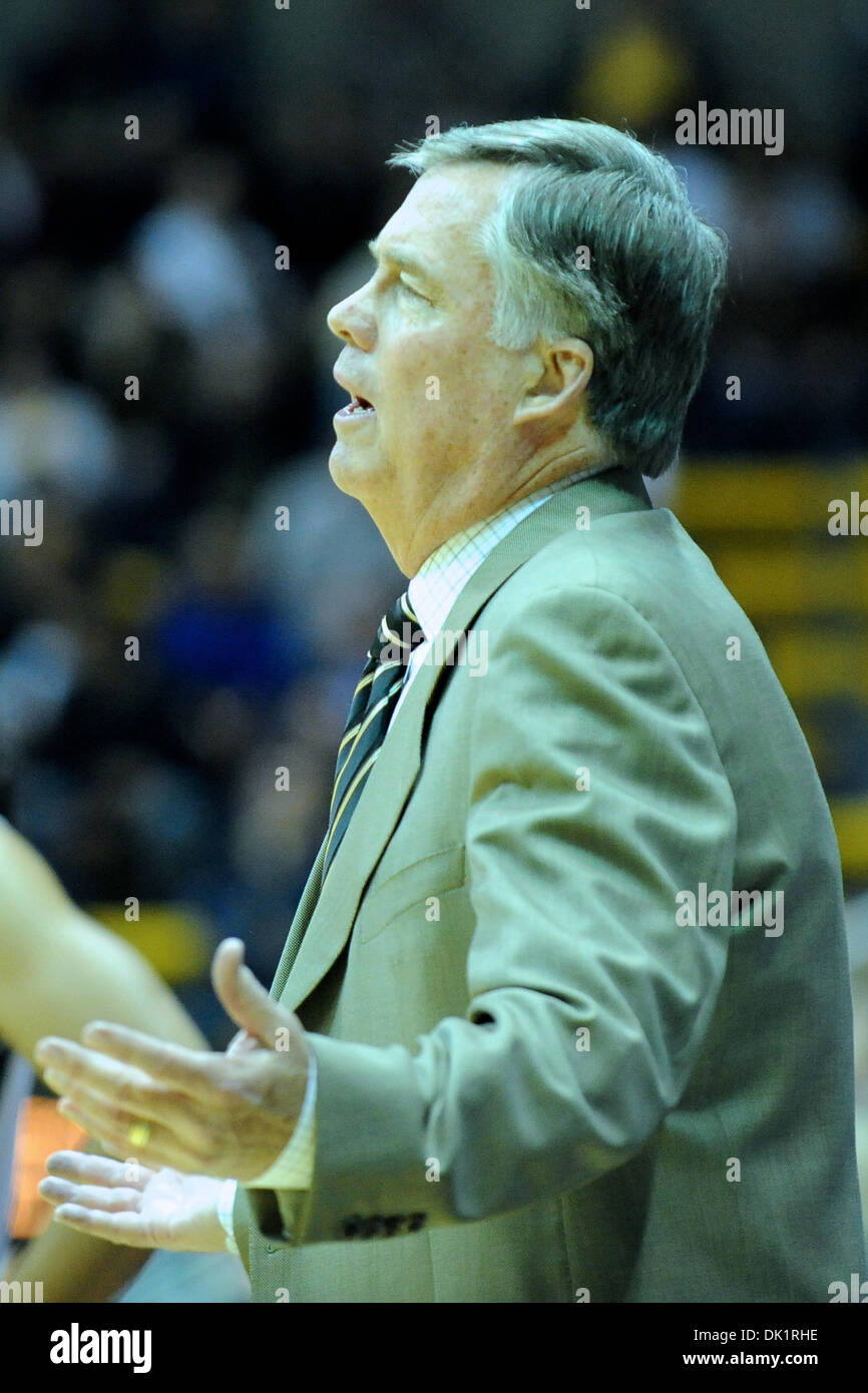 Jan. 27, 2011 - Berkeley, California, United States of America - Cal head coach Mike Montgomery expresses frustration with a call during the NCAA basketball game between the Oregon State Beavers and the California Golden Bears at Haas Pavilion. Cal won in a rout, 85-57. (Credit Image: © Matt Cohen/Southcreek Global/ZUMAPRESS.com) Stock Photo