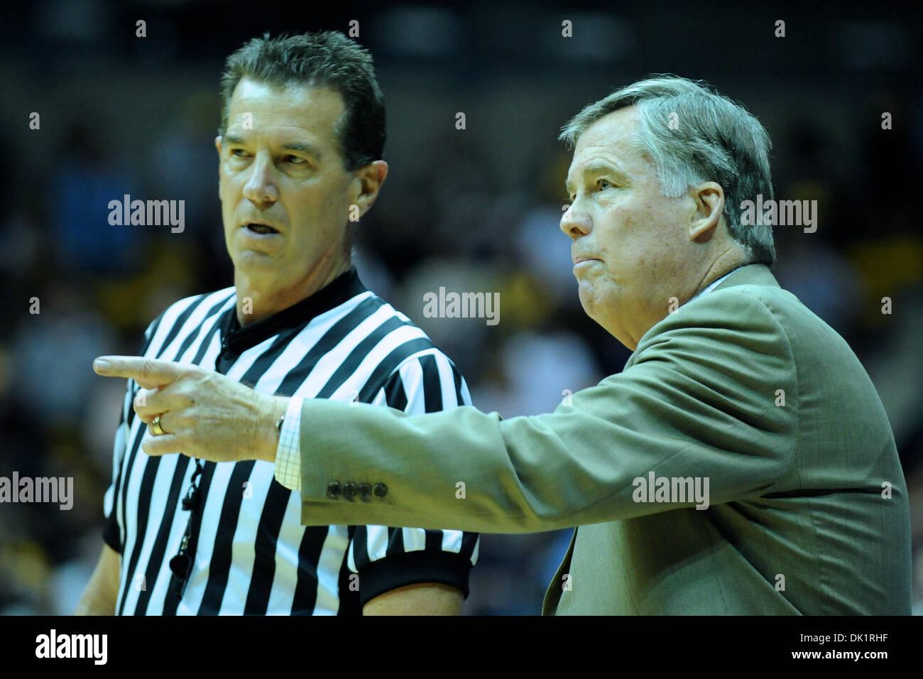 Jan. 27, 2011 - Berkeley, California, United States of America - Cal head coach Mike Montgomery argues a call during the NCAA basketball game between the Oregon State Beavers and the California Golden Bears at Haas Pavilion. Cal won in a rout, 85-57. (Credit Image: © Matt Cohen/Southcreek Global/ZUMAPRESS.com) Stock Photo