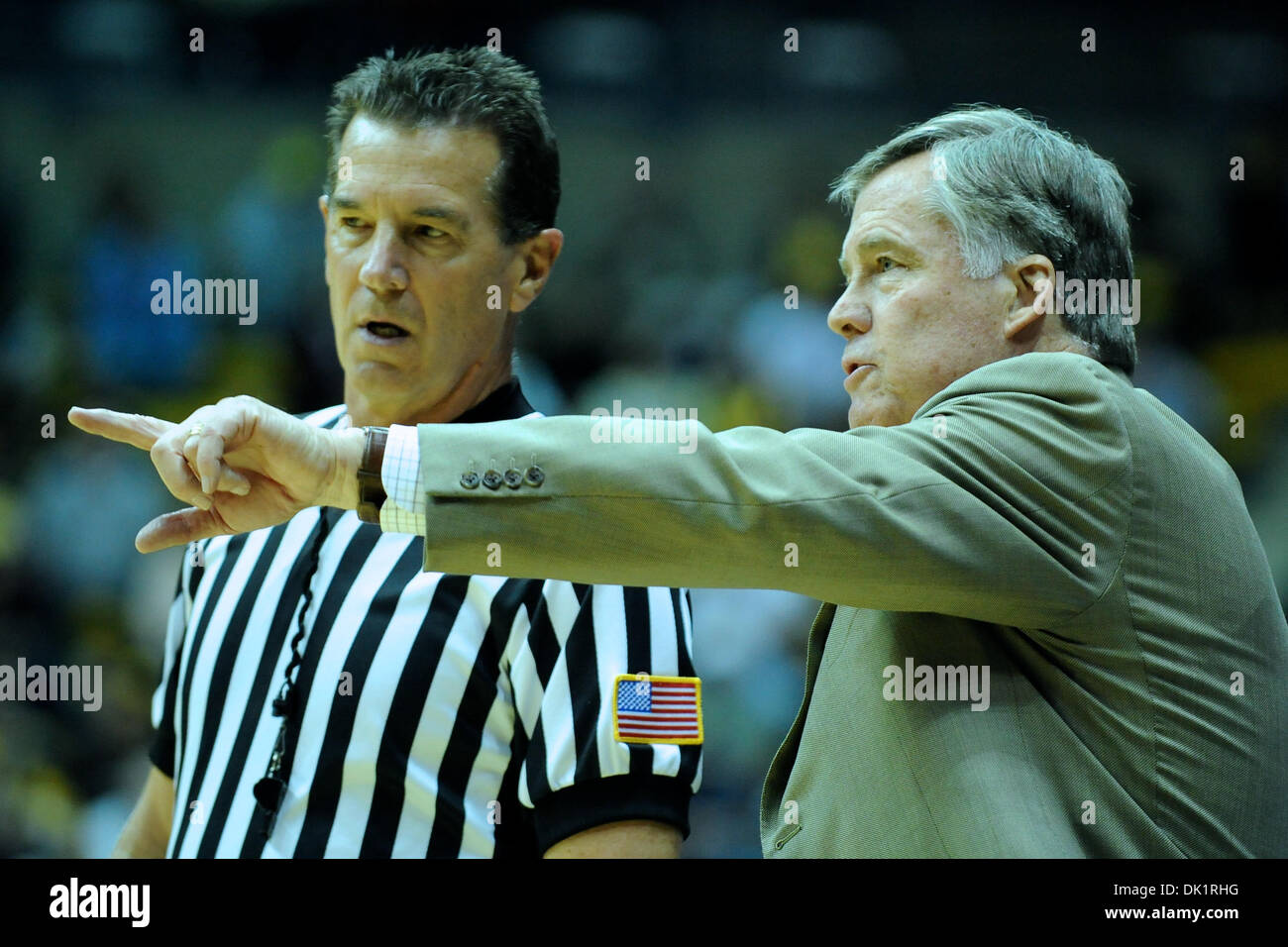 Jan. 27, 2011 - Berkeley, California, United States of America - Cal head coach Mike Montgomery argues a call during the NCAA basketball game between the Oregon State Beavers and the California Golden Bears at Haas Pavilion. Cal won in a rout, 85-57. (Credit Image: © Matt Cohen/Southcreek Global/ZUMAPRESS.com) Stock Photo