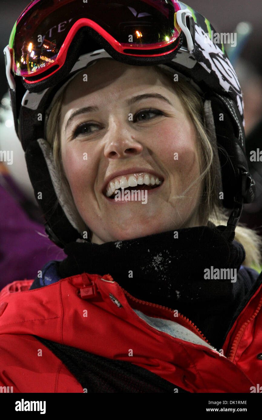 Jan. 27, 2011 - Aspen, Colorado, U.S. - Sarah Burke reacts to her score at the Women's Ski Superpipe Final at the Winter X-Games. Burke took gold in the event. (Credit Image: © Rustin Gudim/ZUMAPRESS.com) Stock Photo
