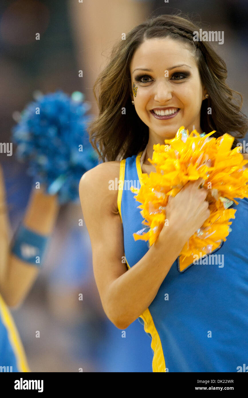 Feb. 2, 2011 - Westwood, California, U.S - A UCLA cheerleader in action during the NCAA basketball game between the USC Trojans and the UCLA Bruins at Pauley Pavilion. The Bruins went on to defeat the Trojans with a final score of 64-50. (Credit Image: © Brandon Parry/Southcreek Global/ZUMAPRESS.com) Stock Photo