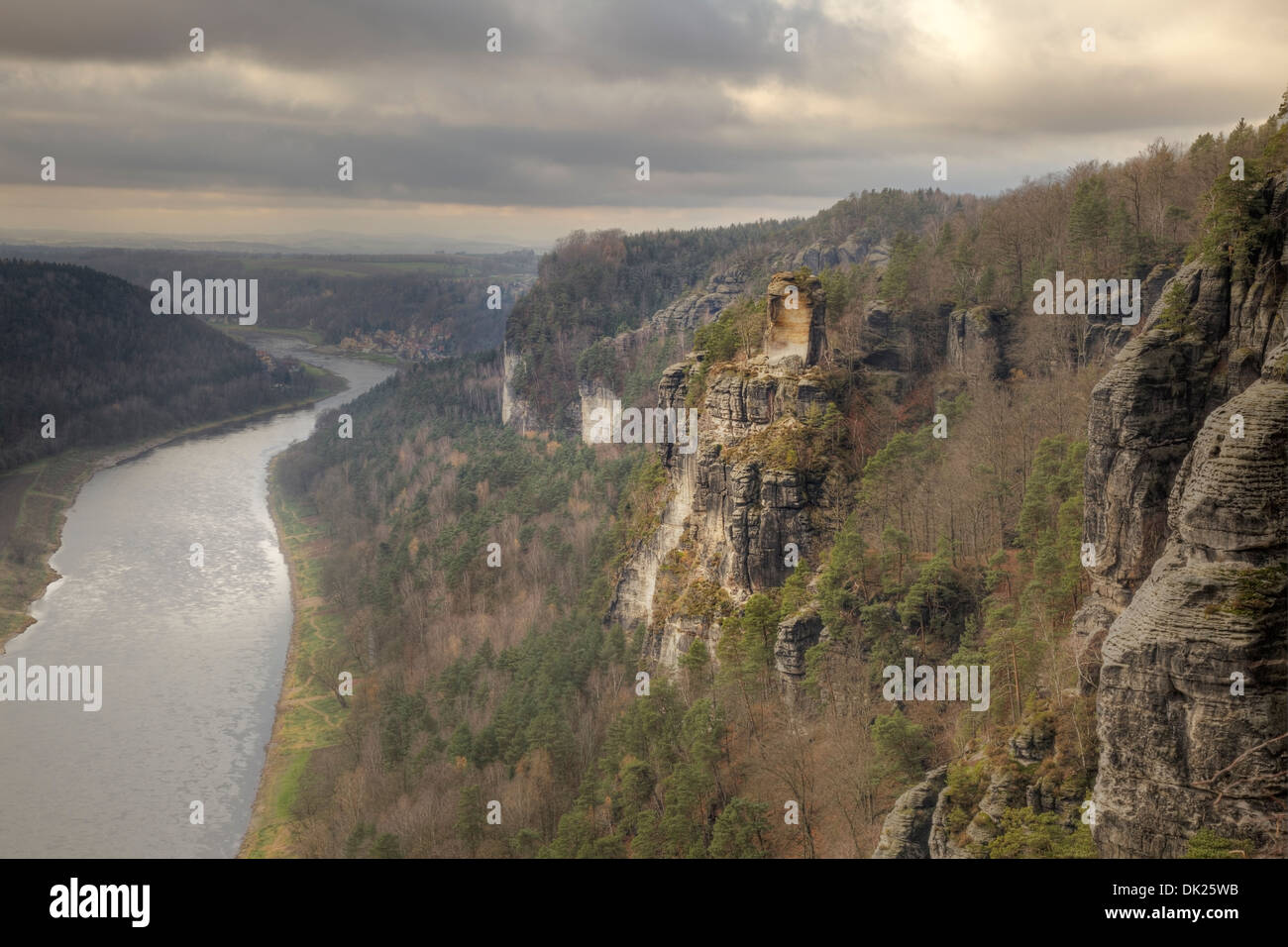 view from the Bastei over the Elbe River, Sächsische Schweiz National Park, Saxony, Germany Stock Photo