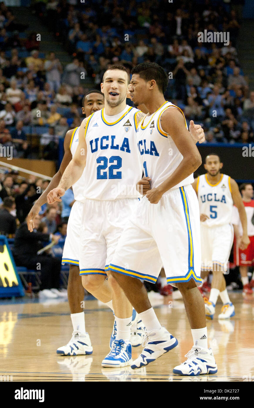 Feb. 5, 2011 - Westwood, California, U.S - UCLA Bruins forward Reeves Nelson  #22 (L) congratulates pumped up UCLA Bruins guard Tyler Lamb #1 (R) during  the NCAA basketball game between the