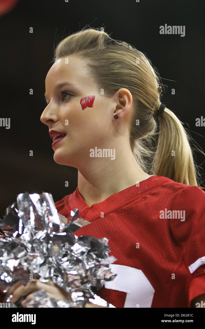 Feb. 6, 2011 - Madison, Wisconsin, U.S - Wisconsin cheerleader prior to start of game. In Big Ten action the Wisconsin Badgers defeated the Michigan State Spartans 82-56 at the Kohl Center in Madison, Wisconsin. (Credit Image: © John Fisher/Southcreek Global/ZUMAPRESS.com) Stock Photo