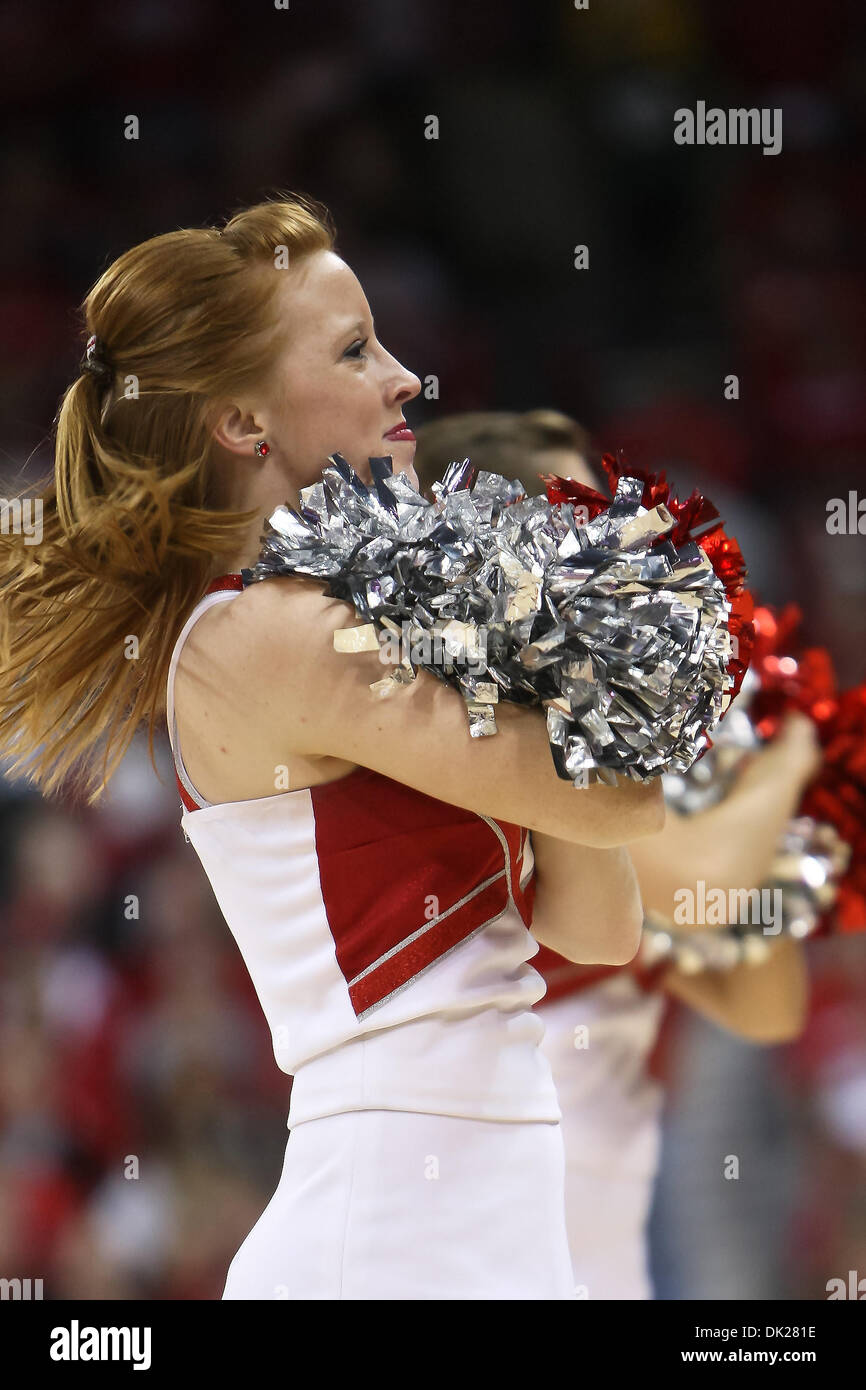 Feb. 6, 2011 - Madison, Wisconsin, U.S - Wisconsin cheerleader during a timeout. In Big Ten action the Wisconsin Badgers defeated the Michigan State Spartans 82-56 at the Kohl Center in Madison, Wisconsin. (Credit Image: © John Fisher/Southcreek Global/ZUMAPRESS.com) Stock Photo