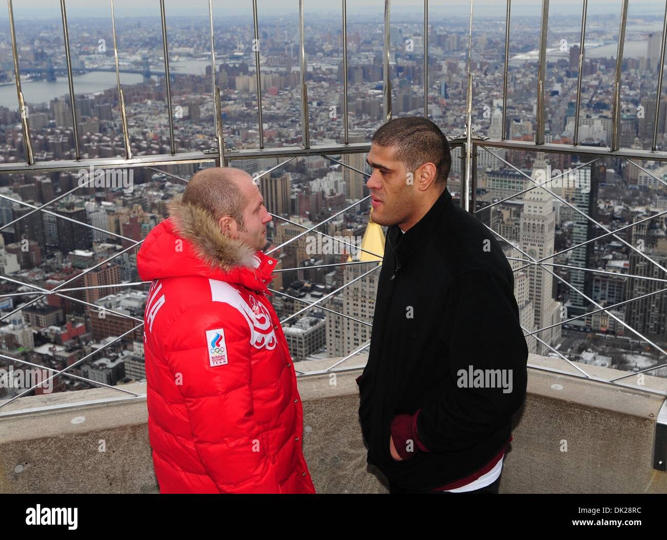 Feb. 9, 2011 - Manhattan, New York, U.S. - Strikeforce Mixed Martial Arts fighters FEDOR EMELIANENKO (L) also known as The Last Emperor and ANTONIO SILVA (R) also known as Bigfoot face off as they visit the Empire State Building's 86th floor observatory ahead of this Saturday's Strikeforce World Grand Prix at the Izod Center. (Credit Image: © Bryan Smith/ZUMAPRESS.com) Stock Photo